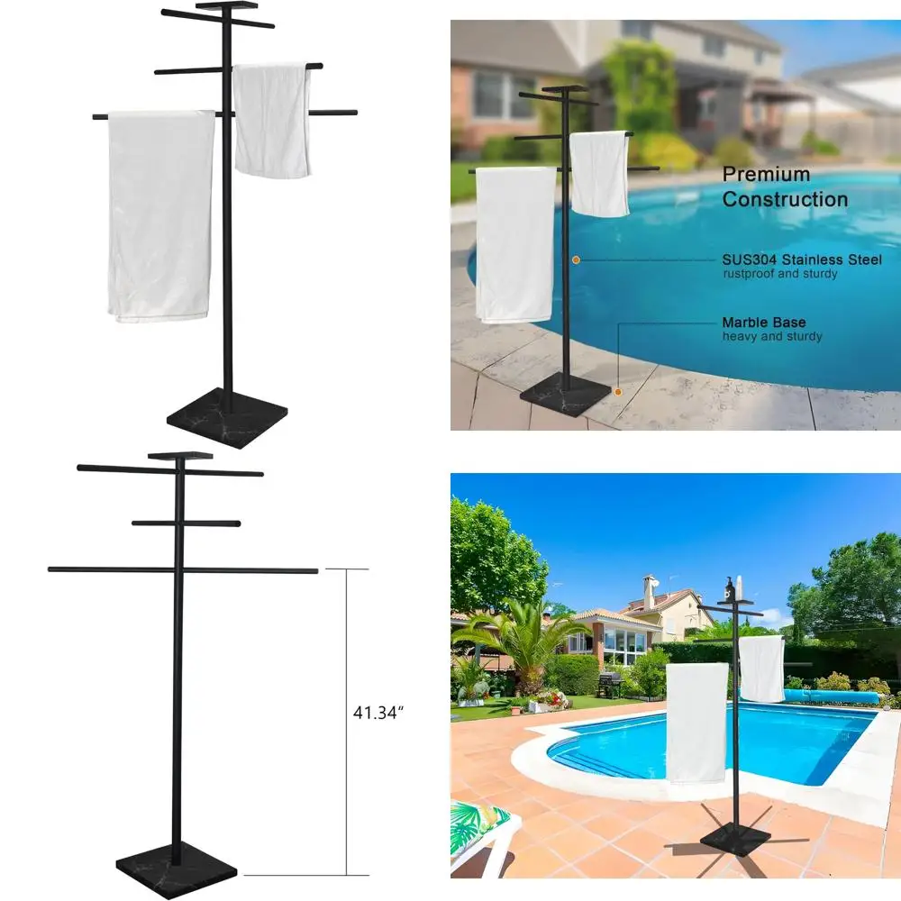 

Отдельно стоящая вешалка для полотенец из нержавеющей стали с 6 рычагами и черным мраморным основанием для наружного использования