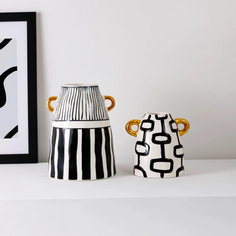 Abstract Striped Black and White Vase Desk Ornament Living Room Flower Arrangement Double-handle Ceramic Floral Vase Decoration