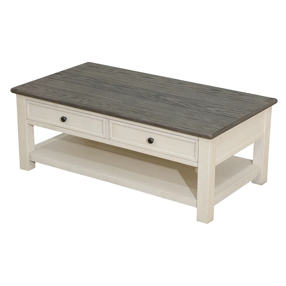 48'' Coffee Table with Storage & Sliding Barn Doors Dark Grey MDF Top and White Oak Drawer Living Room Storage Coffee Tables