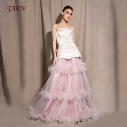 TAFN Formal Evening Dresses A-line Draped Luxury Lace Appliques Prom Party Gown Tiered Pleat Princess Pink vestidos de noche