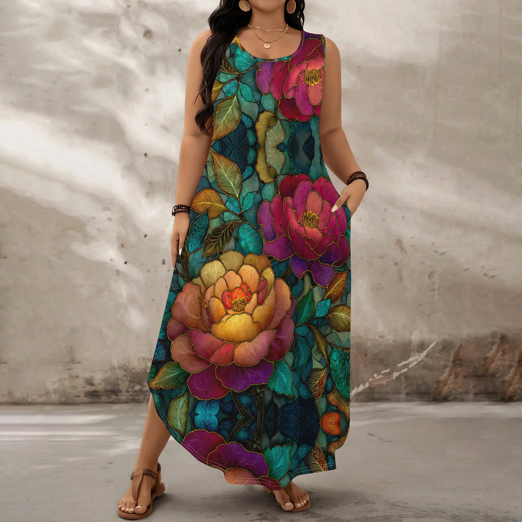 

Plus Size XL-6XL Black Rose Print Maxi Dress Sleeveless Summer Beach Party Holiday Evening Sundress