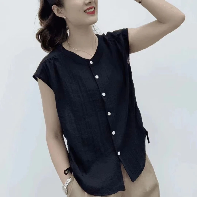 Camicia casual con lacci tinta unita con o-collo alla moda 2025 Estate nuove top coreani camicetta da pendolarismo ampia