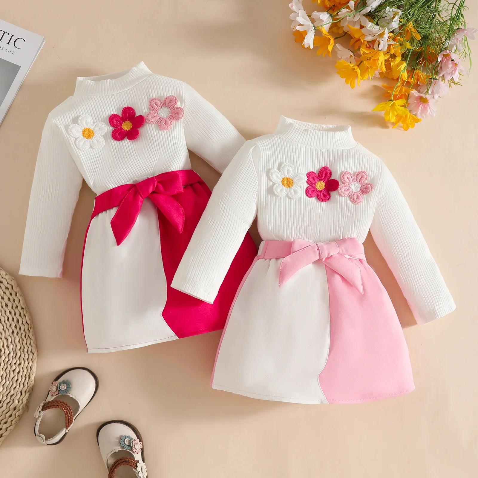 

Baby Girl Outfit Set 0 - 3Y Baby Clothing Mock Neck Flower Applique Ribbed Top and Color Block Bow Skirt Cute Casual Party Wear