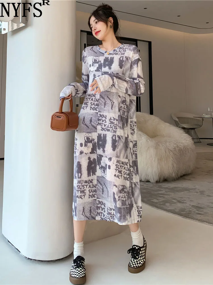 

NYFS 2023 Autumn New Woman Dress Vestidos Robe Elbise Knitting Loose Plus Size Long Sleeve Vintage Print Long Dresses