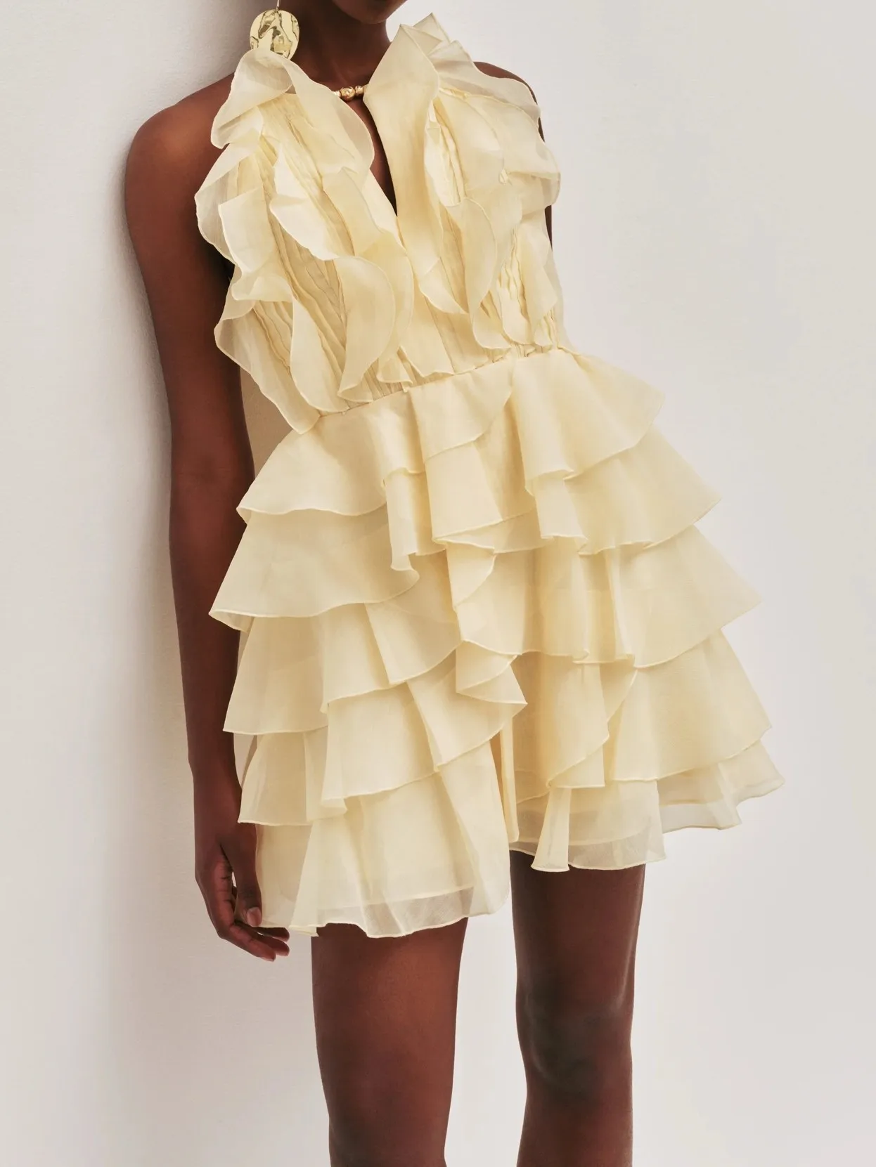 Vestido colete amarelo feminino com babados em camadas sem mangas gola redonda cintura alta férias mini robe feminino