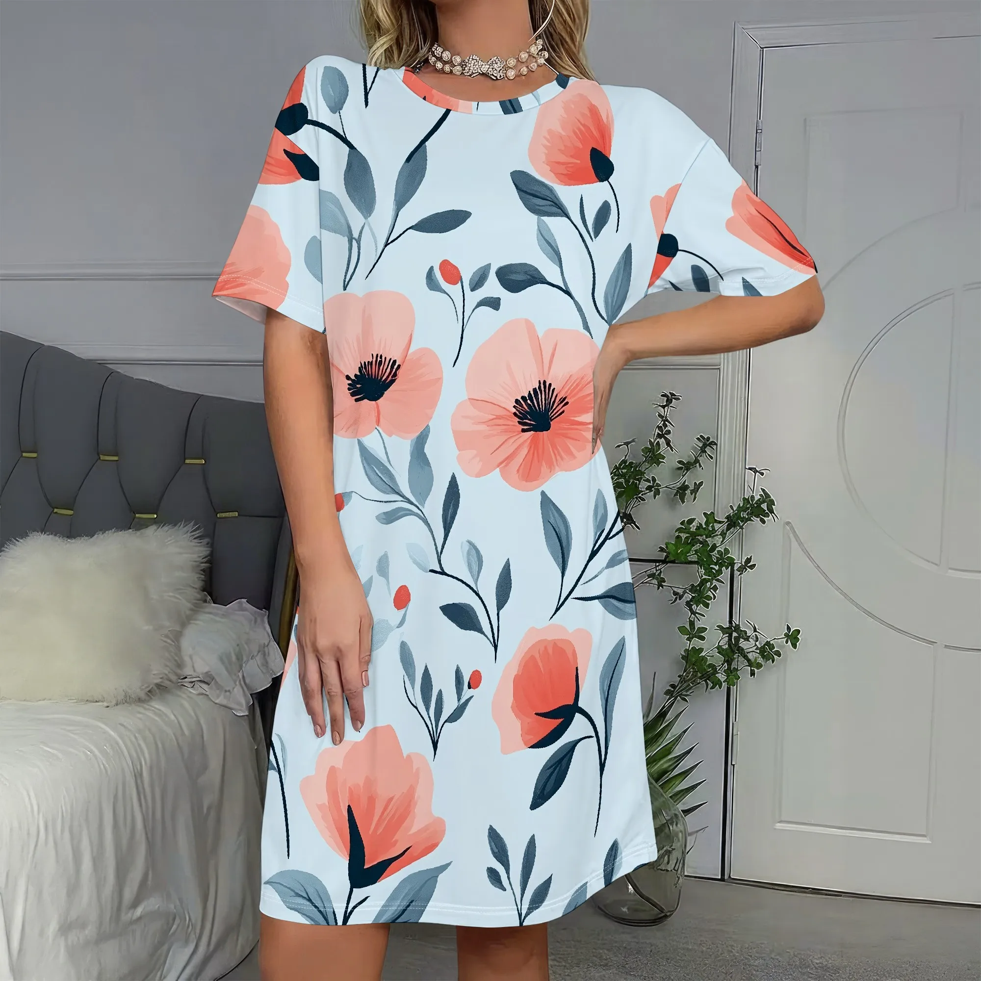 

Floral Print,Short Sleeve Dress,Casual Tunic Dress,Summer Beach Wear,Women's Loose Fit Dress,S-2XL