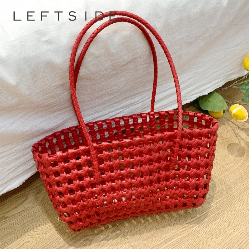 

LEFTSIDE Women Tote Bag Solid Color Small Shoulder Bag Trendy Handmade Korean Fashion 2025 Y2K Hollow Out Handbag Hand Bags