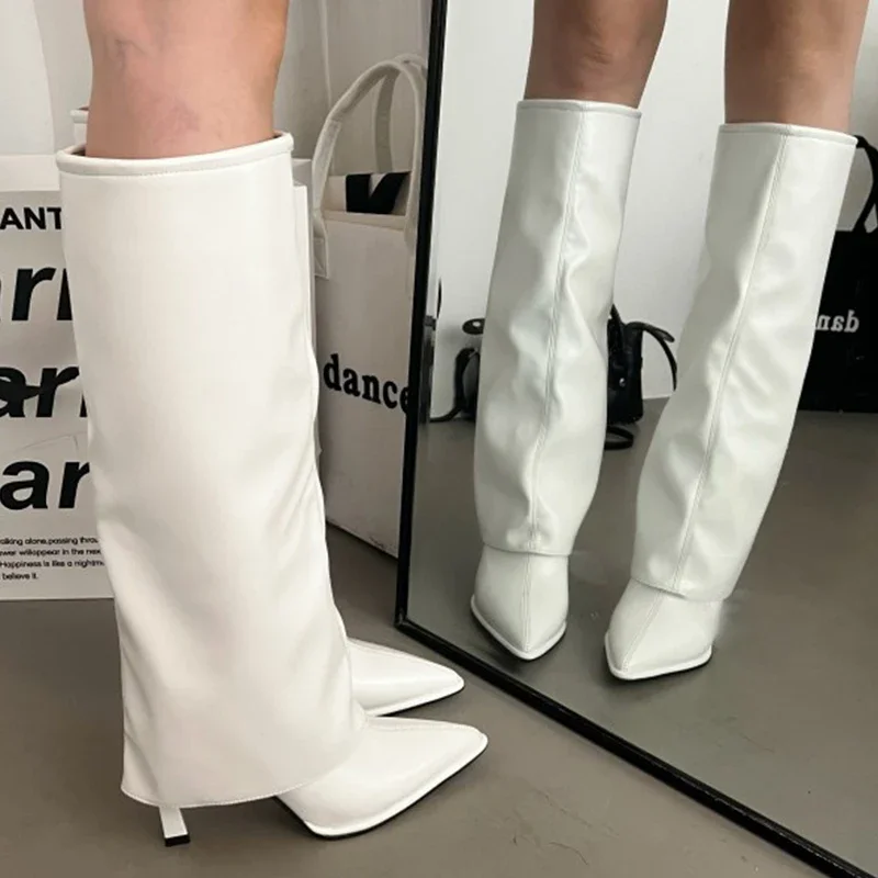 Party Modern Ladies Knee High Boots Pointed Toe  Fashion Pleated Western Women Long Boots Shoes Female Pumps Heels Shoes