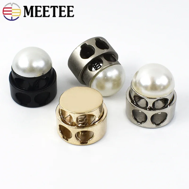 Meetee 30Pcs Metal Pearl Double Hole Stopper Buckles Spring Adjustment Cord Lock DIY Hat Rope End Decoration Elastic Snap Button