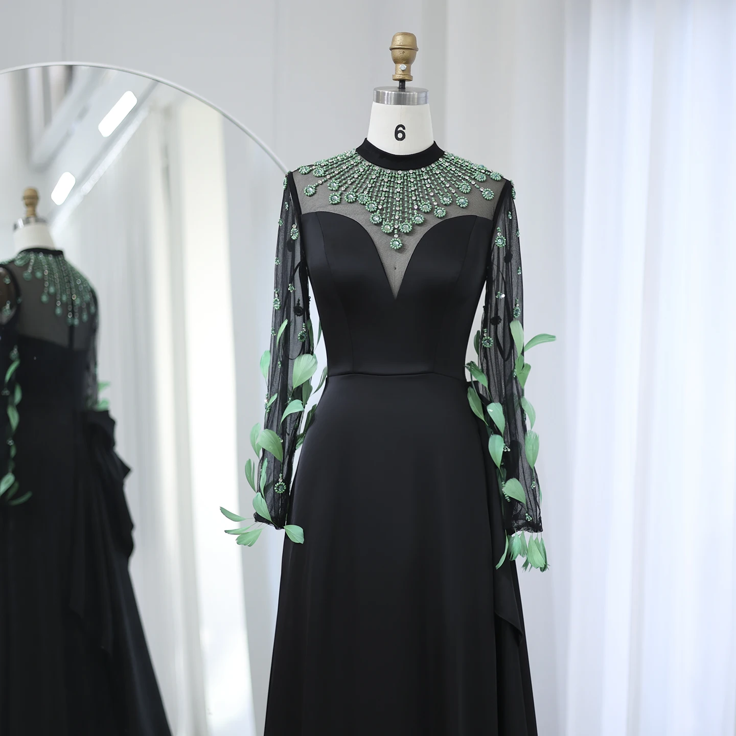 Sharon Said Luxury Dubai Emerald Green Feathers Black Evening Dress Long Sleeves Arabia Women Formal Party Gown SS457 Customized