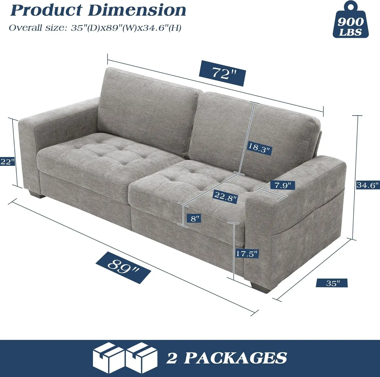 89 Inch Sofa Couch Modern 3 Seater Couch with Removable Covers and USB Ports Large Chenille Comfy Sofa for Living Room