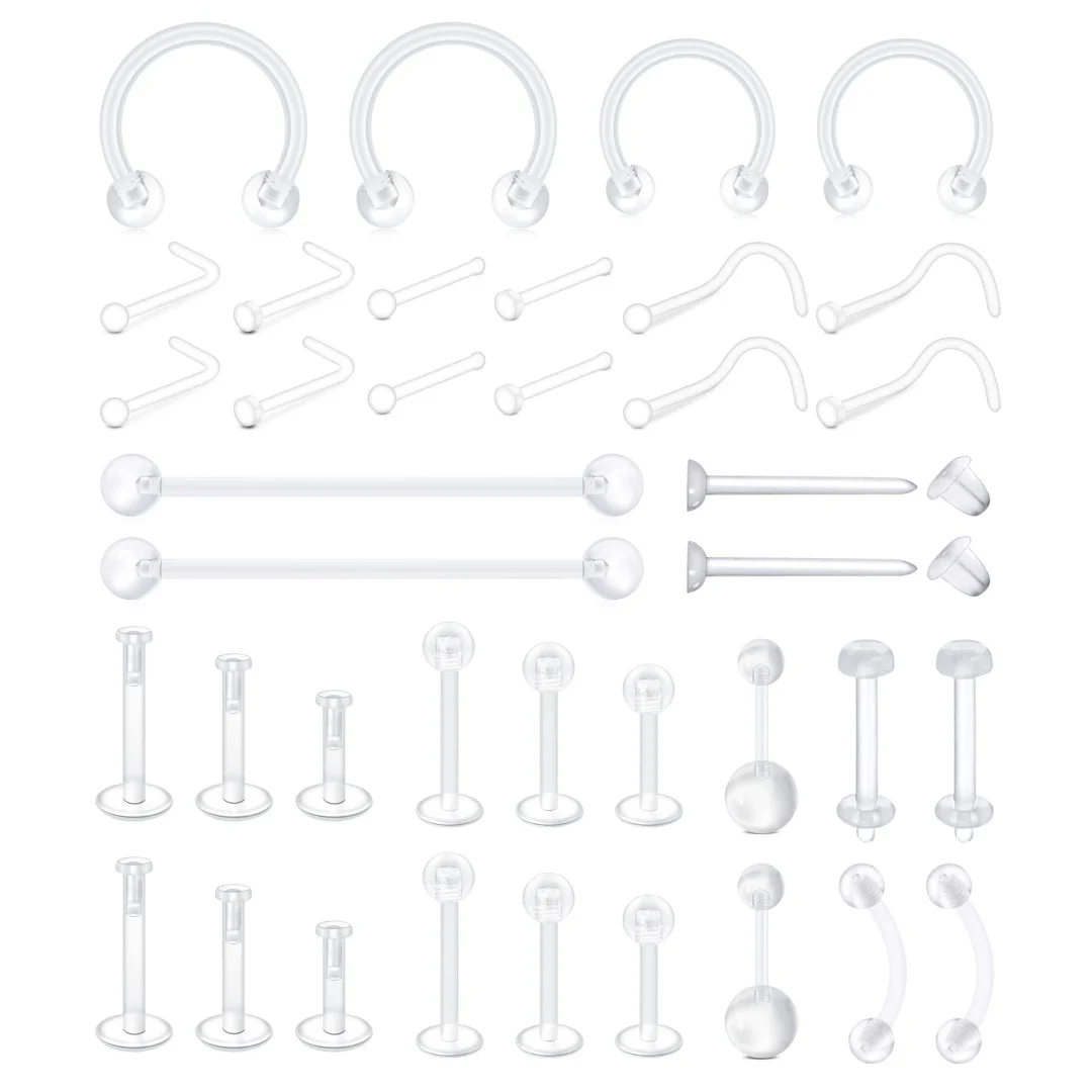 38pcs Clear Piercing Retainers for Surgery Bioflex Nose Rings Belly Eyebrow Lip Cartilage Tragus Earring Industrial Bar Jewelry