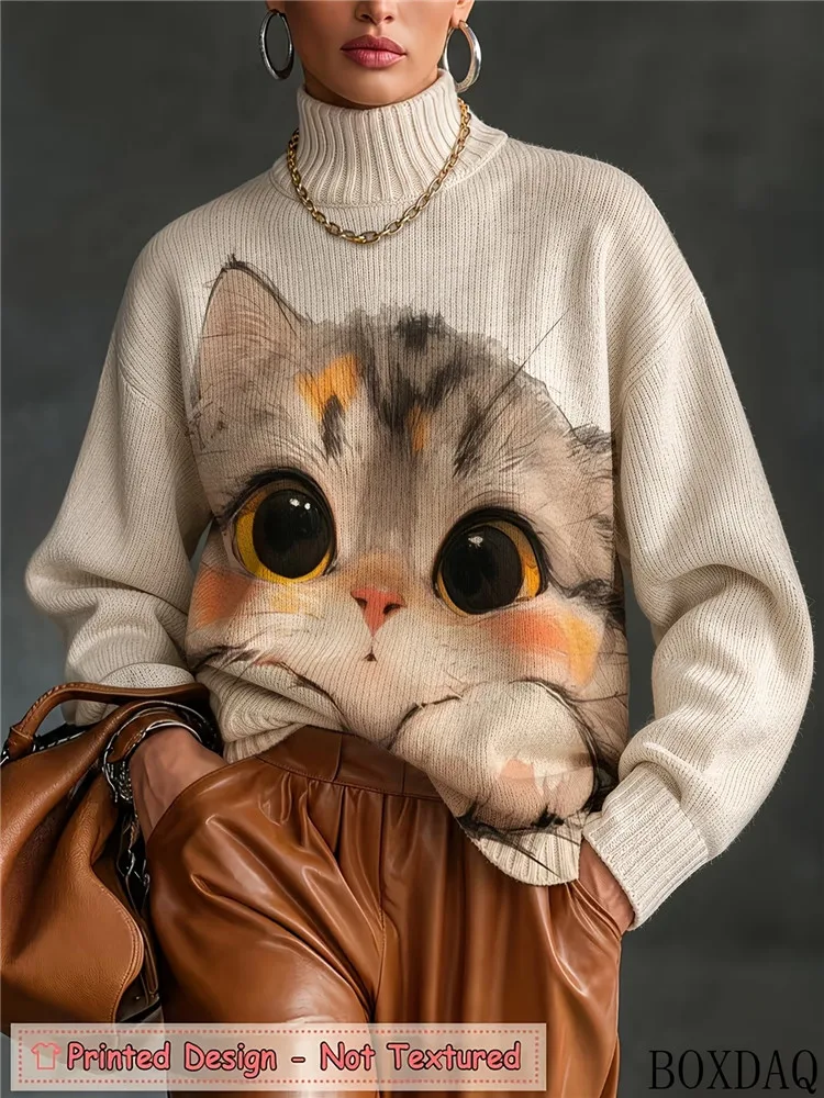 Women Fall Winter Sweet Cute Cartoon Cat Print Long Sleeve Turtleneck Loose Blouse Knit  Ladies Stylish Casual Fashion Top Shirt
