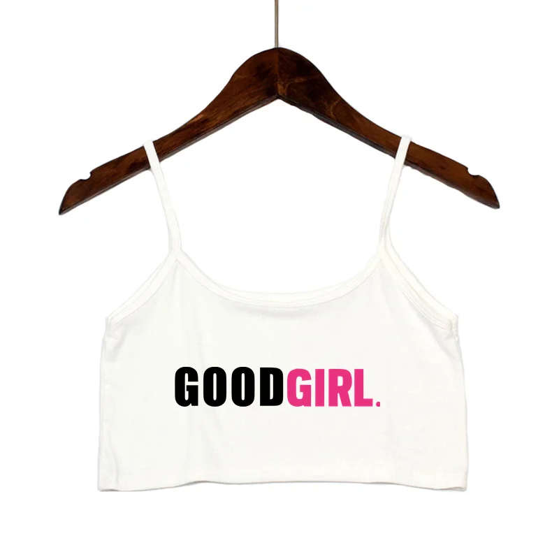 BUONA RAGAZZA Lettere rosa Stampa Top corto da donna estivo Camis sexy in cotone elastico senza maniche Canotta corta Bar Top da donna