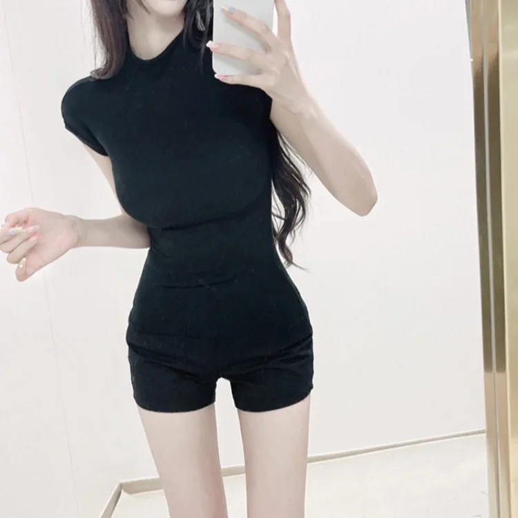 Cseta de Mujer Nueva y Cómoda, Estilo Dongda, Cuello Medio Alto, Manga Corta, Pada, Ajustada, de Punto, Fibra Modal, To...