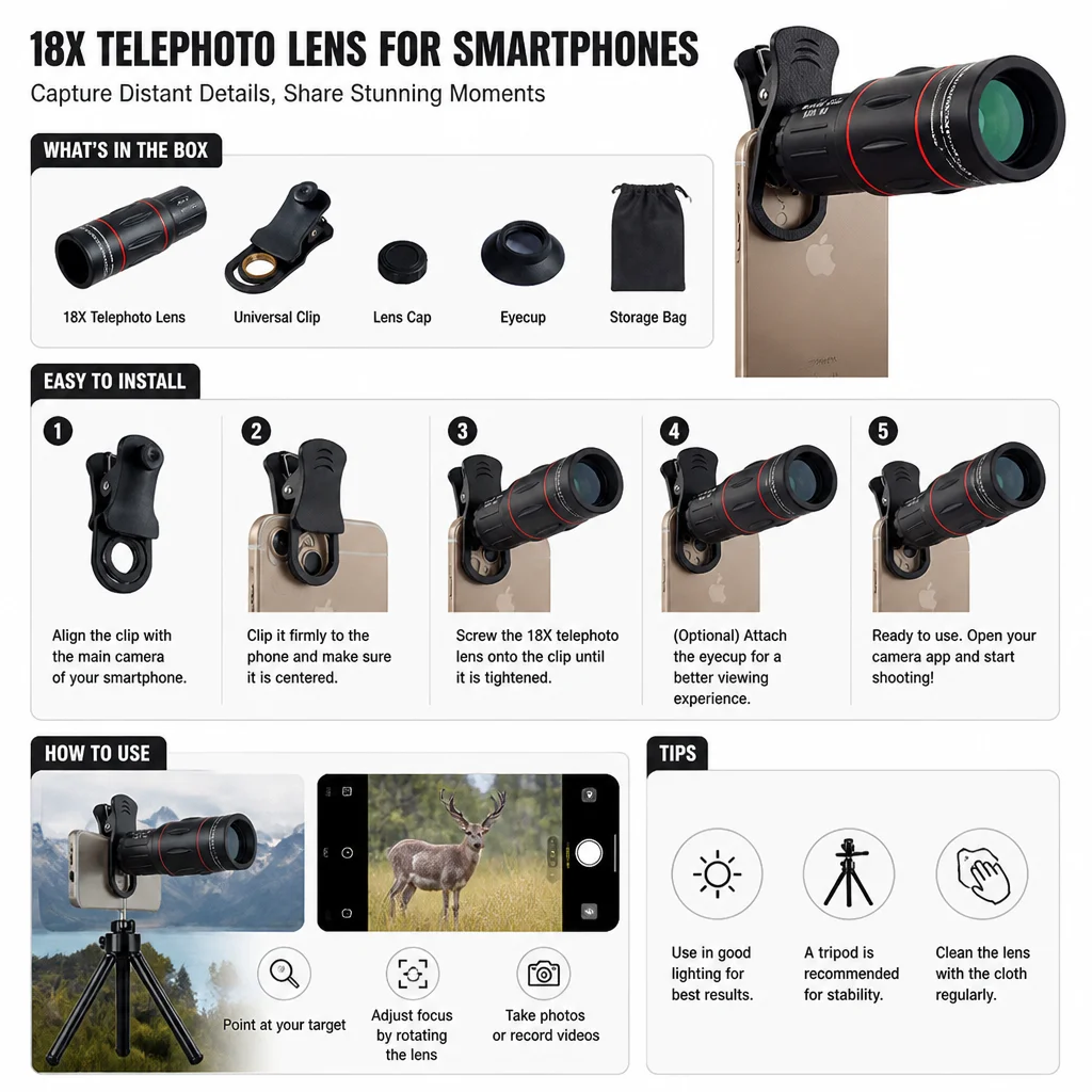 18x telephoto phone lens set, concert telephoto lens, outdoor rangefinder, telephoto lens
