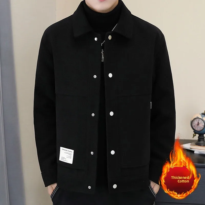 

Men's Winter Thiened Woolen Jaet 2025 New Sle Korean Faion Outerwear Cotton Lined Warm Coat Stand Fit Polyester Fiber