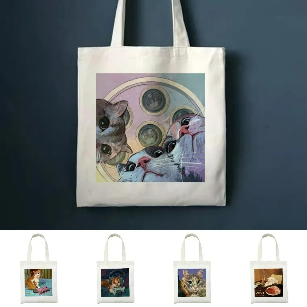 

Cute Oil Painting Art Style Cat Canvas Tote Bag Commut Study Travel Daily Use Large-capacity Yoga Shopping Shoulder Bag Handbag
