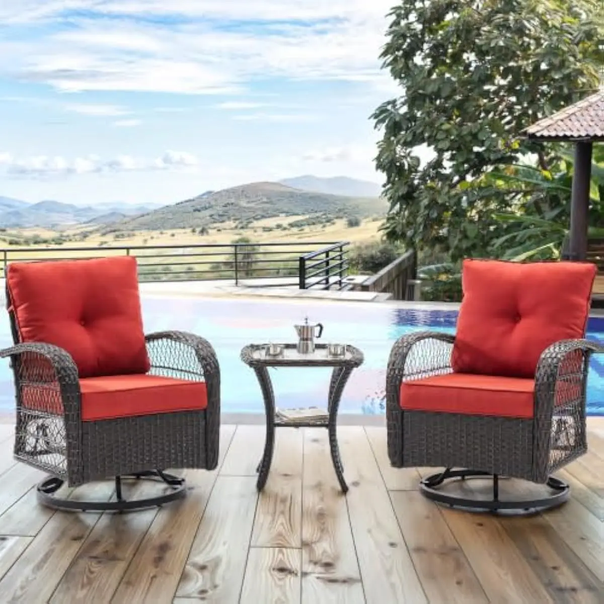 Outdoor Swivel Rocker Patio Chairs Set with Tempered Glass Table – 360° Rotation + Gentle Rocking Motion – Rustproof Steel Frame