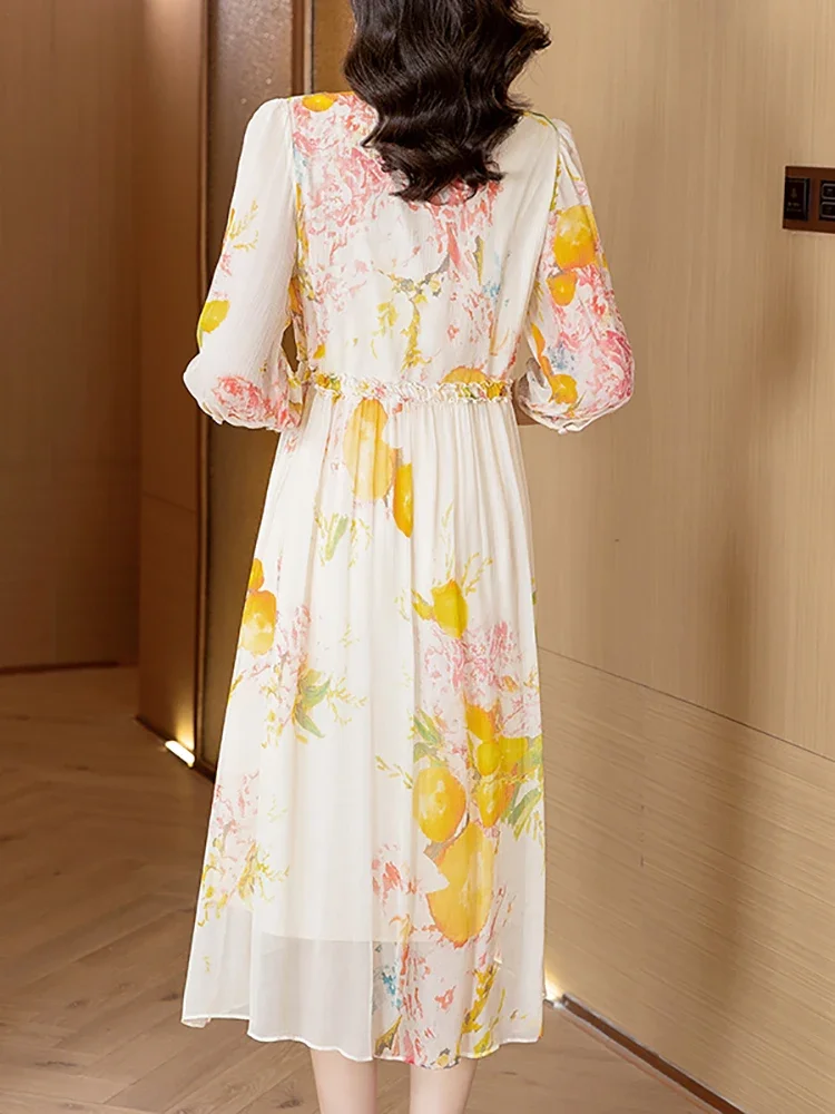 비치 스타일 꽃 실크 붕대 여성을위한 캐주얼 롱 드레스 여름 우아한 느슨한 휴일 드레스 2025 한국어 패션 이브닝 드레스