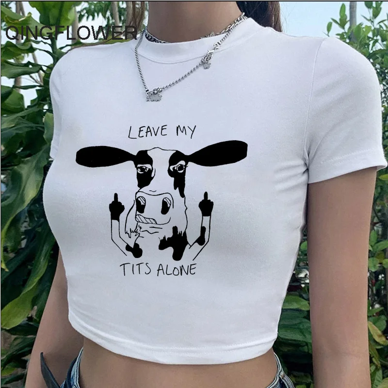 Cow Print t-shirt tshirt female kawaii streetwear vintage white casual crop top clothes white t shirt