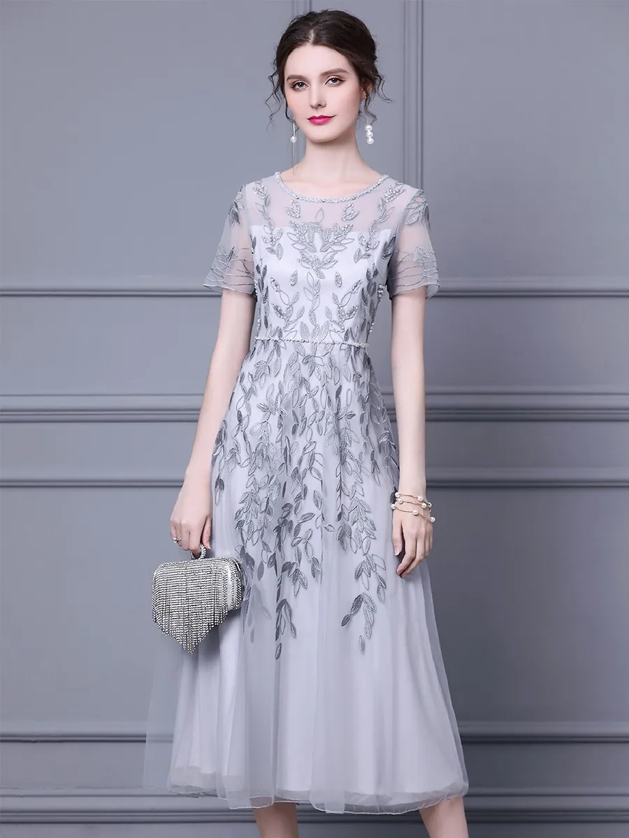 

Luxury Dress 2025 Summer Wedding Party Lady Allover Exquisite Embroidery Beading Deco Short Sleeve Long Grey Black Dress 3XL