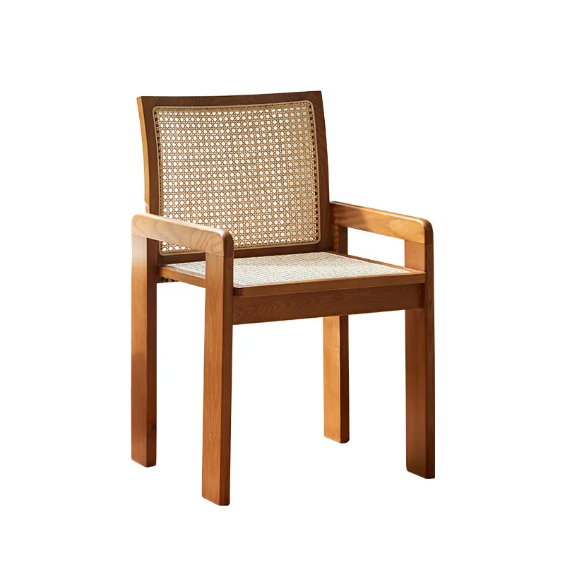 

LTT Solid Wood Rattan Dining Chair Home Modern Medieval Rattan Chair Nordic Backrest Chair