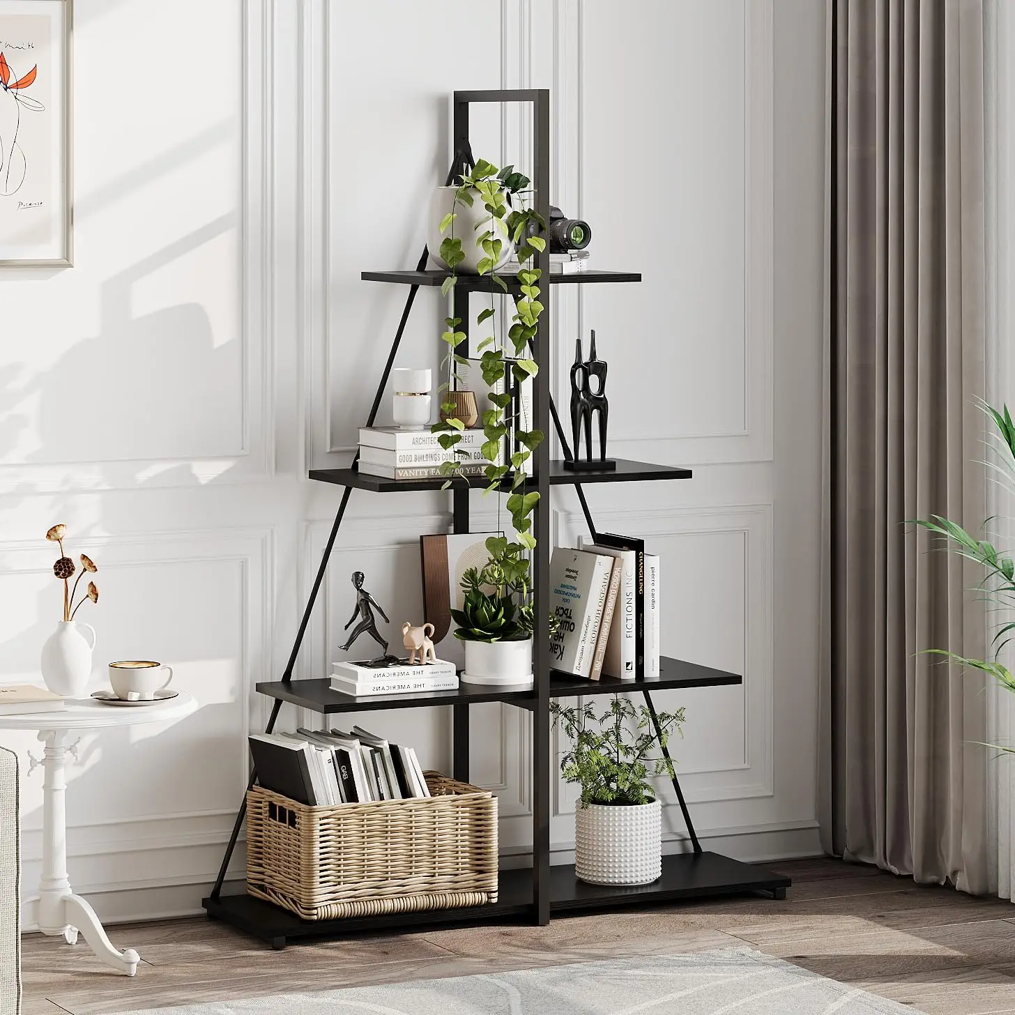 

4 Tier Bookshelf,Modern Boat Shaped Design, Narrow Wooden Bookcase for Living Room/Bedroom, Space-Saving Storage Shelf Organizer