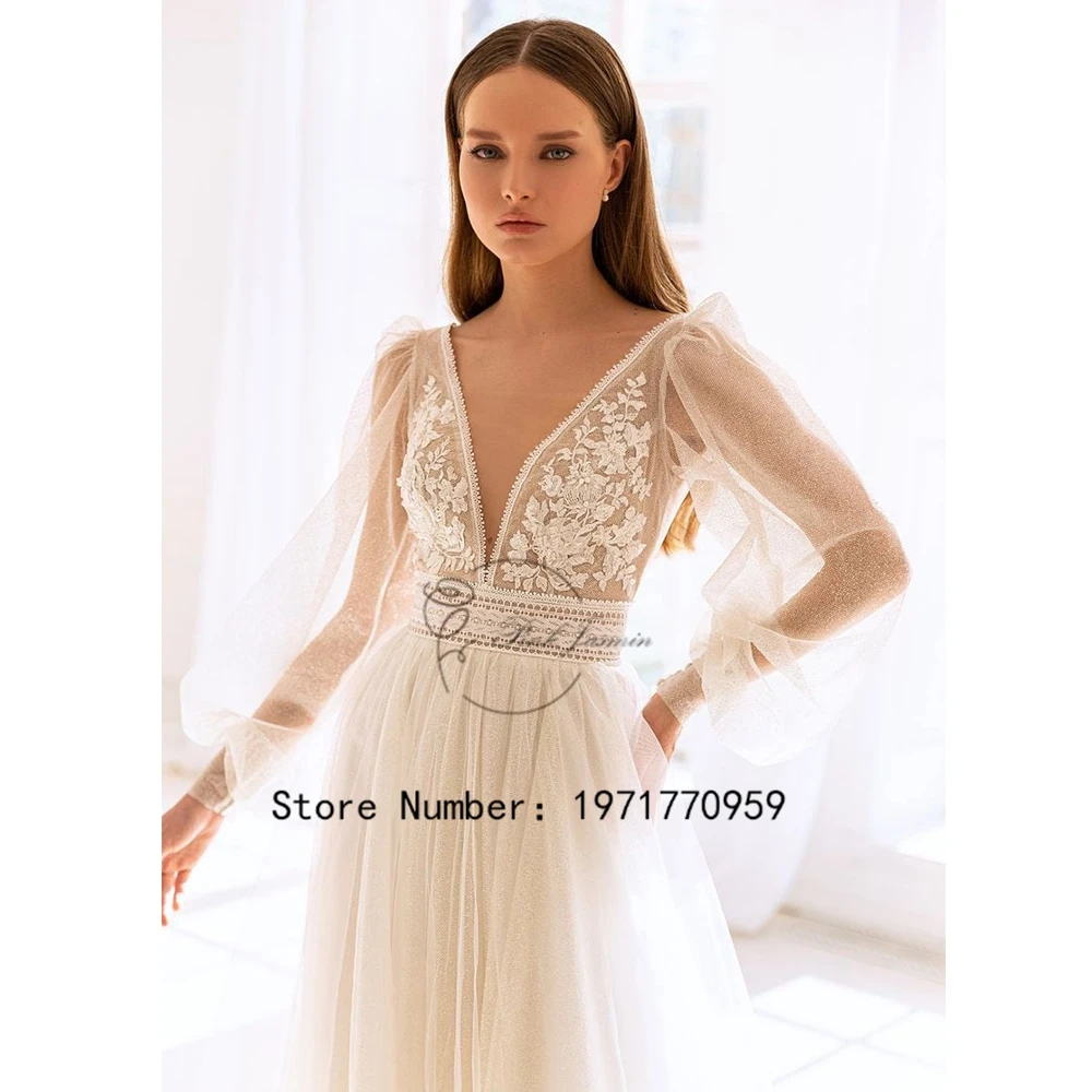 Boho Ivory Puffy Sleeve Wedding Dress A Line V Neck Applique Elegant High Quality Tulle Long Length Sexy Open Back Bridal Gowns