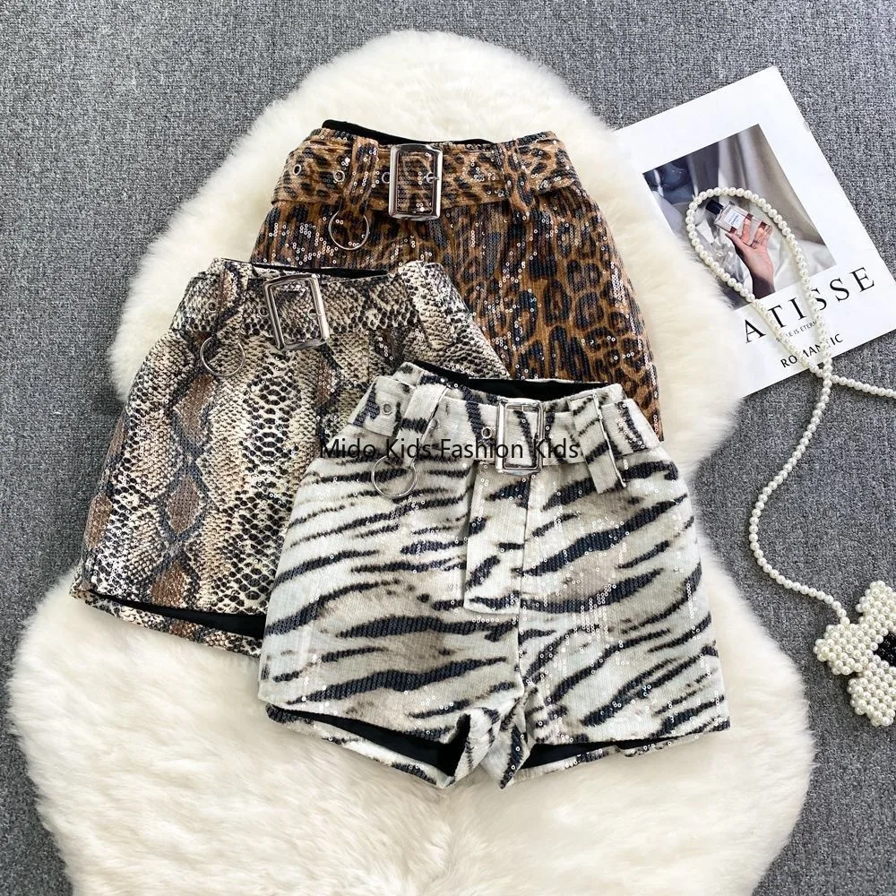 2026-spring-fall-new-korean-style-girls-leopard-print-sequin-shorts-elastic-high-waist-wide-leg-kids-fashion-shorts