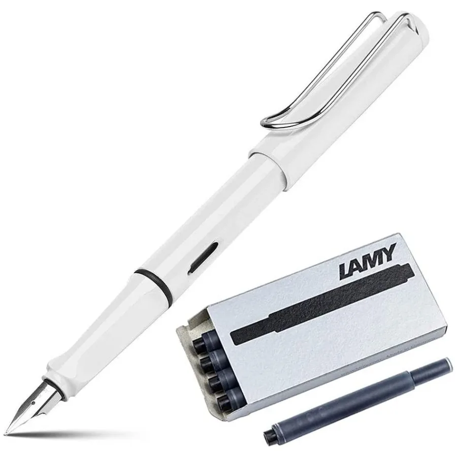 

Перьевая ручка Safari со средним пером и 5 черными чернильными картриджами T10, белая.