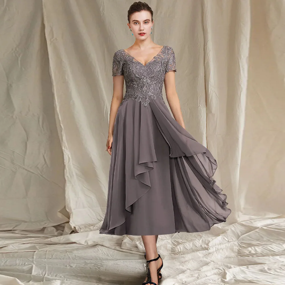 Chiffon A-Line Evening Dresses for Women A-Line Tea Length Short Sleeve V Neck Applique Party Gowns Zipper Back Wedding Party