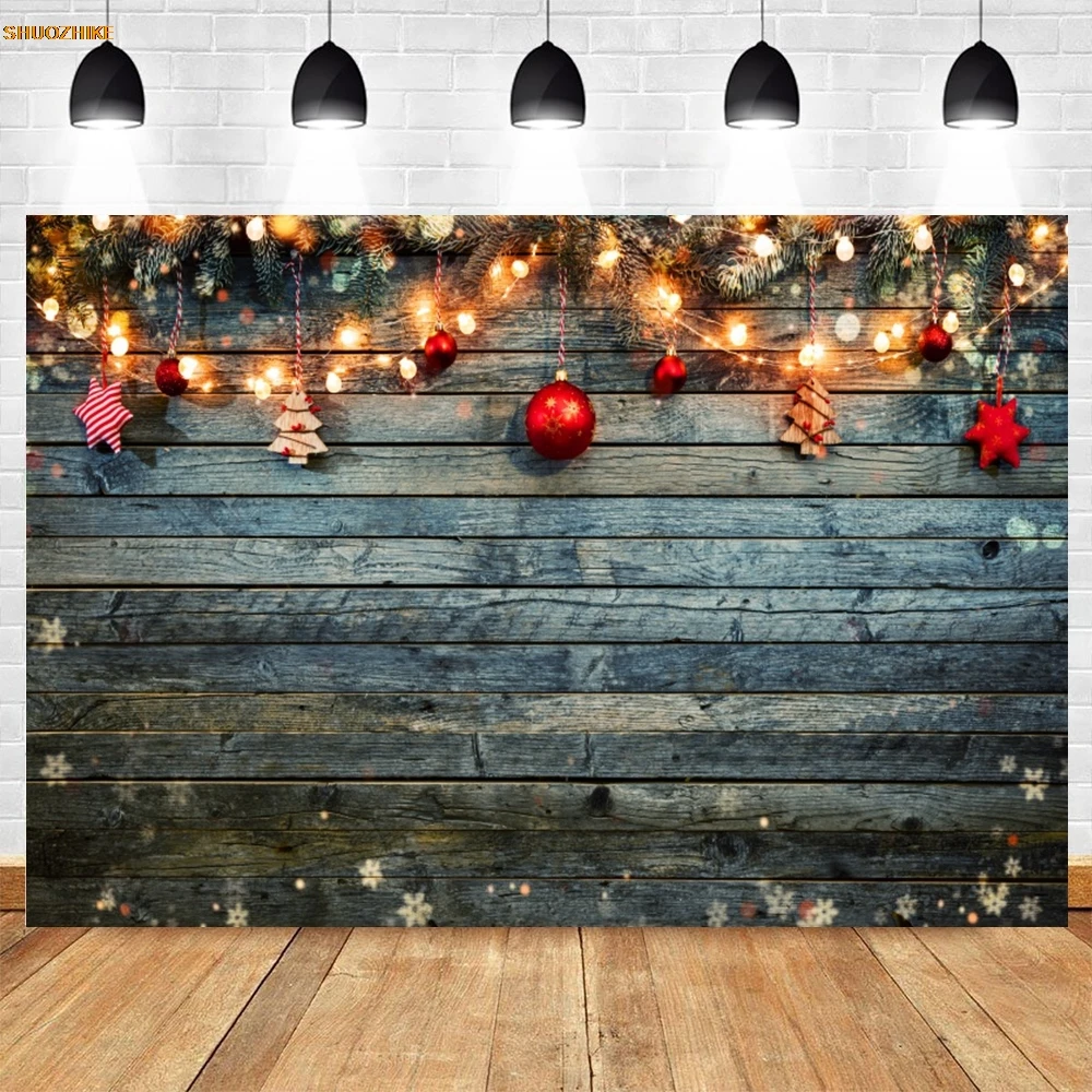 Christmas Decor Backdrop Photography Red Pearls Wooden Winter Snow Xmas Trees New Year Party Banner Background Photo Studio Prop