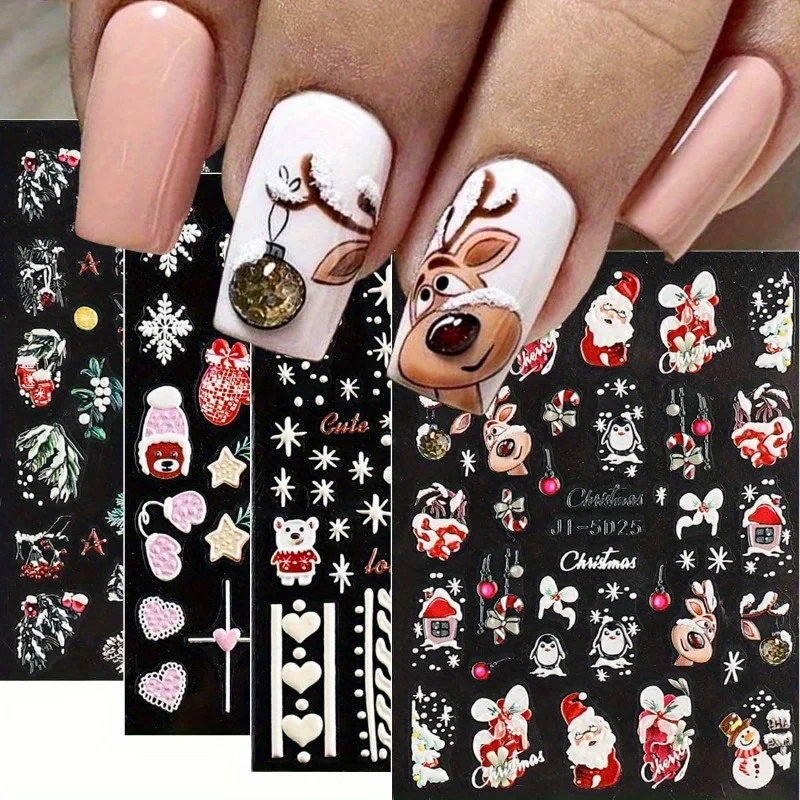 4Pcs Christmas Nail Art Stickers 5D Winter Holiday Themed Nail Decor Santa/Snowflakes/Christmas Trees/Gingerbread Nail Supplies