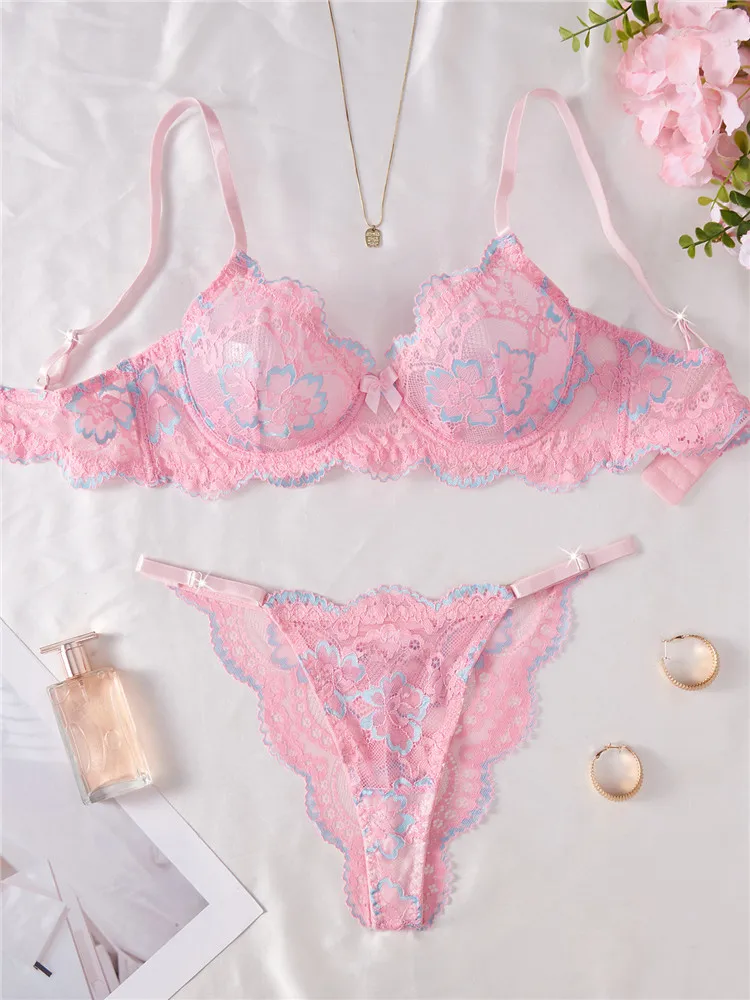

Bra Brief Sets Flowers Lace Pink Sexy Traceless Lingerie Transparent Underwear Thong Ultra Thin See Through Printed Exotic Sets