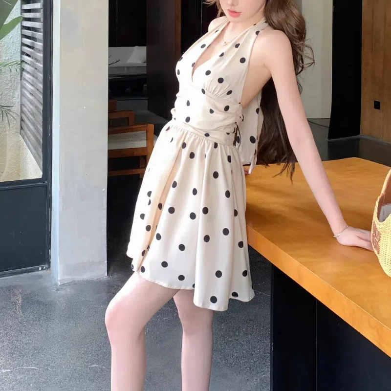 Summer Vintage Office Lady Pullover Sleeveless Women\'s Clothing Halter Bandage Polka Dot Printing Knee Skirts Sweet Dresses