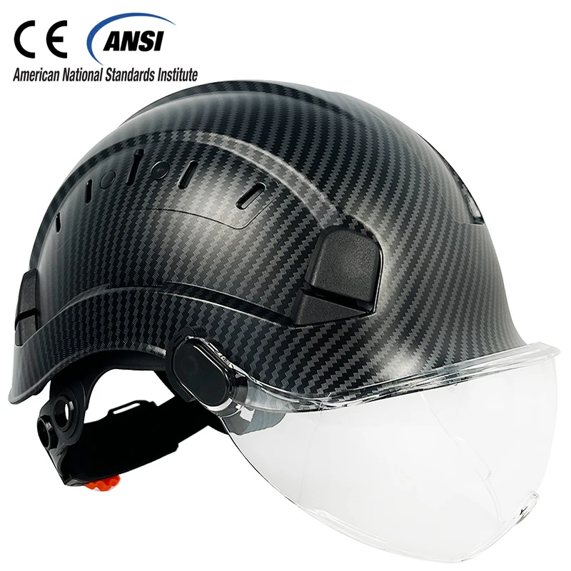 CE Carbon Fiber Pattern Safety Helmet With Goggle Visor Industrial Work Construction Hard Hats Visor ABS Caps For Engineer