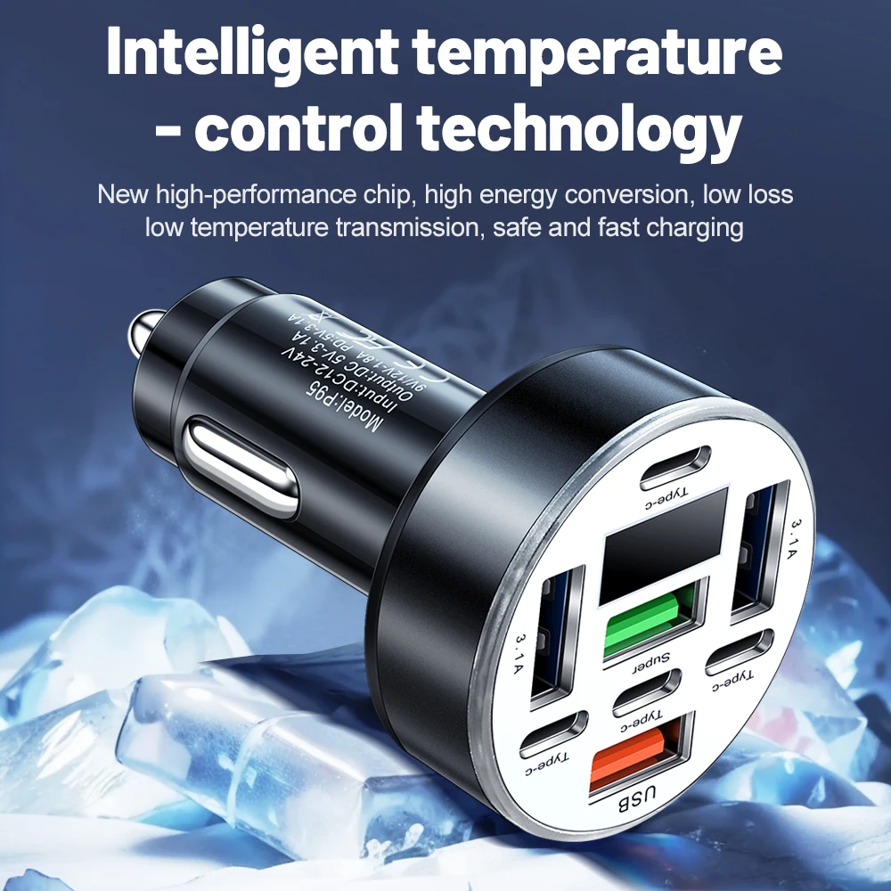 120W Car Phone Charger 8Ports LED Digital Display 4USB+4Type C Fast Charging Phone Charger For iPhone Samsung Xiaomi