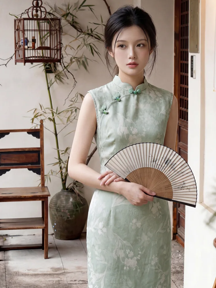 green-butterfly-linen-printed-summer-long-cheongsam-women's-2026-summer-new-style-girl-sleeveless-young-style-dress-qipao