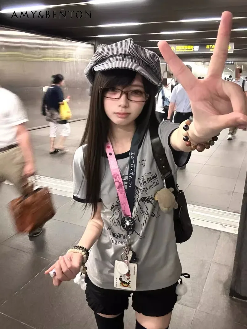 

2025 Japanese Sweet Cartoon Print Summer Two-dimensional House Wear Cute Loose Versatile Top Short-sleeved T-shirt For Women