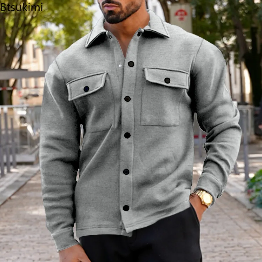 2025 Men's Casual Warm Plush Lapel Top Pocket Single-breasted Solid Color Slim Autumn Winter Fashion Jacket Outer Suit for Men