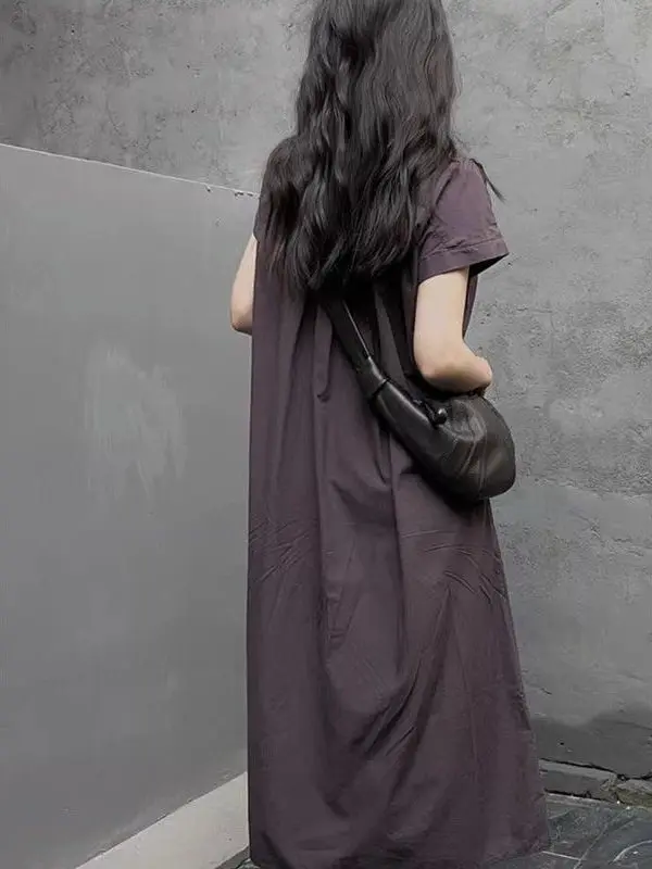 Literary Style French High Street Temperament Long Shirt Dress Simple Office Lady Short Sleeve Loose Women Casual Punk Dress