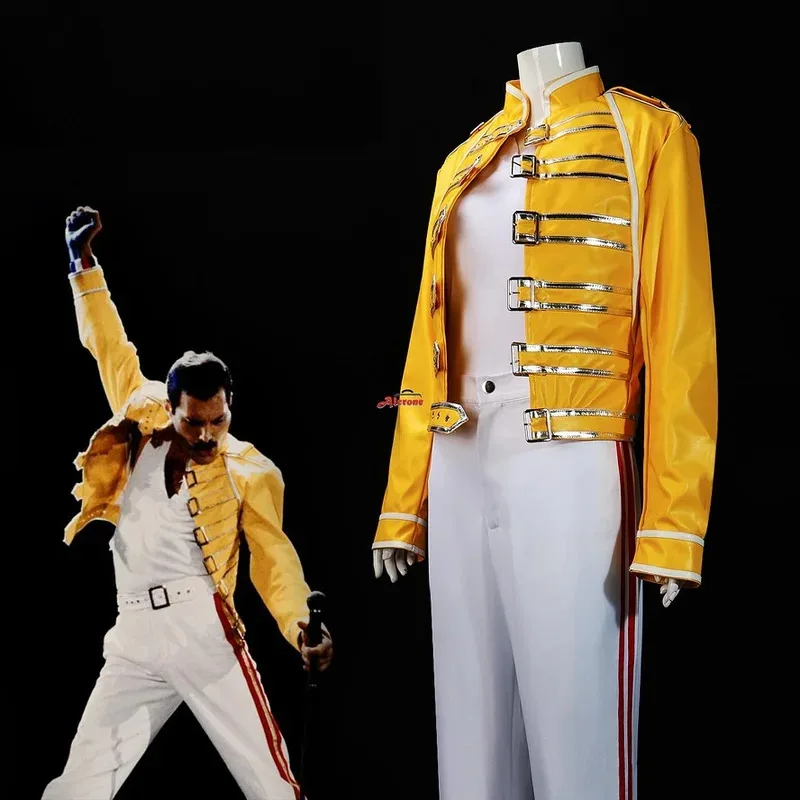 

2025 Animation Costume Queen Lead Vocals Freddie Mercury Cosplay Costume Yellow Leather Jacket Coat Unisex Halloween Carnival Ou