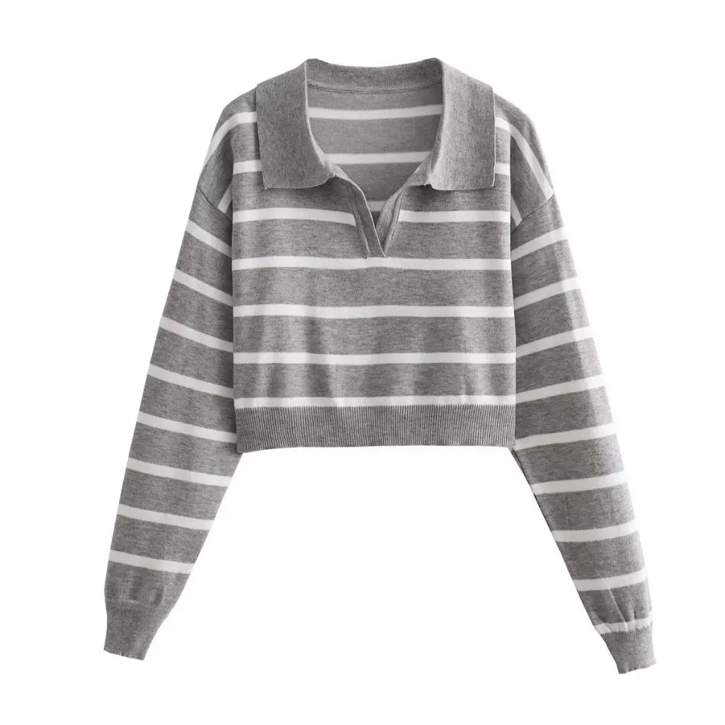 

Women's Short V-Neck Striped Knitted Top European American Style Autumn Fashion Streetwear Temperament Sweater