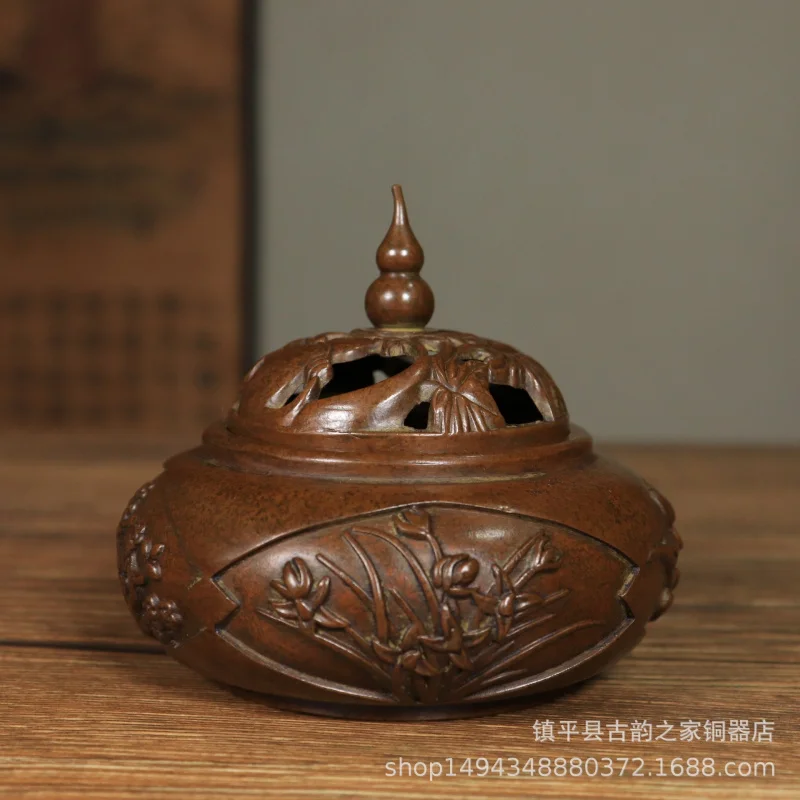 

Подставка для благовоний на трех ножках из чистой меди с резным золотым лотосом, плоское дно, для дома, для использования с сандаловым деревом, для церемоний Зен и чаепитий