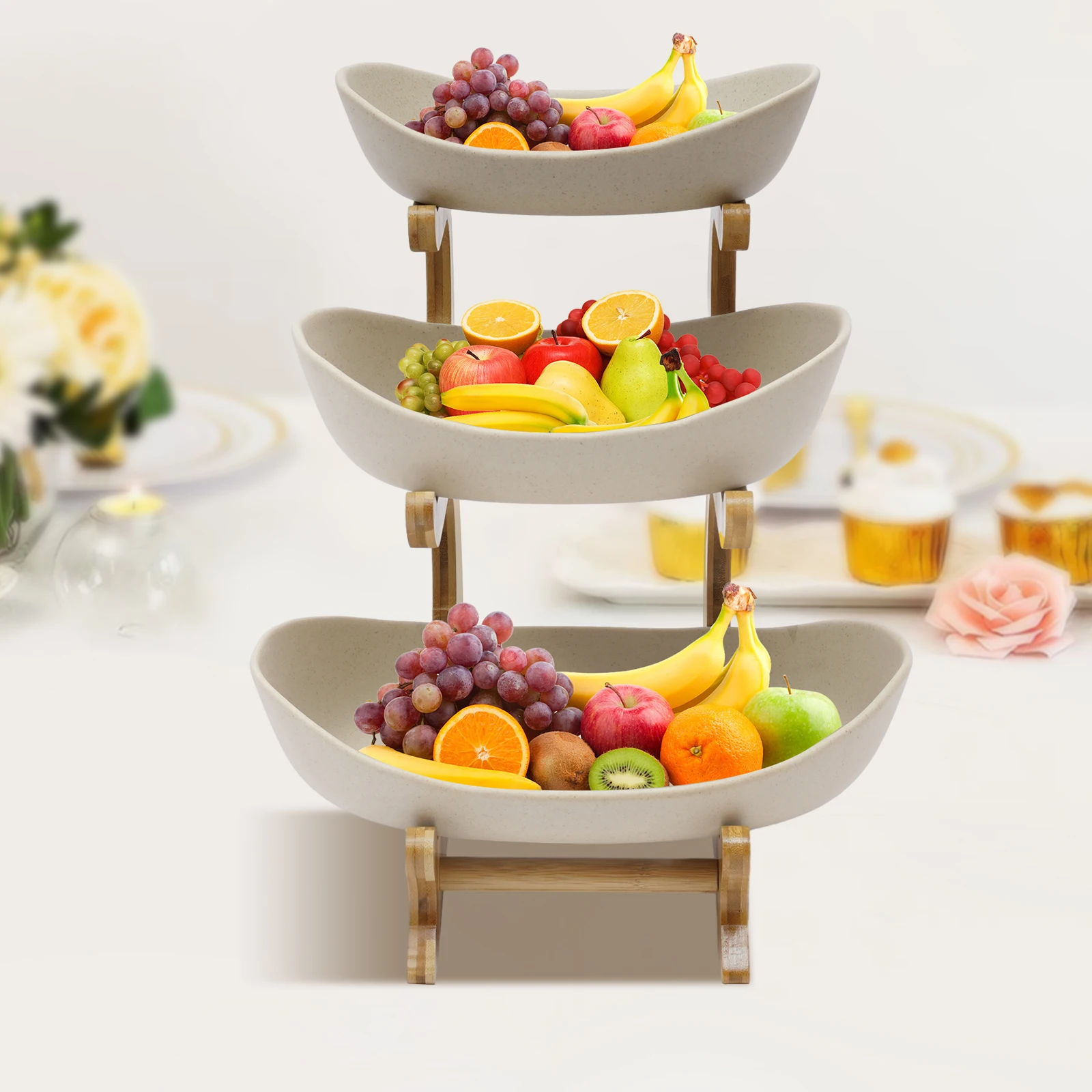 

3-Tier Fruit Rack Ceramic Serving Bowls with Bamboo Wood Bracket Kitchen Porcelain Fruit Bowl for Vegetable Storage