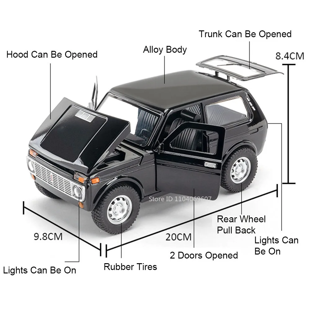 1:18 Rusia Lada Niva modelos de coches de juguete coches Vintage en miniatura aleación Diecast Pull Back 4 puertas abierto sonido luz vehículo regalos para niños