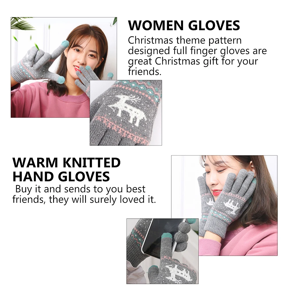 1Pair Touch Screen Compatible Gloves Winter Warm Knitted Full Finger for Women Thermal Hands Protection Christmas Design