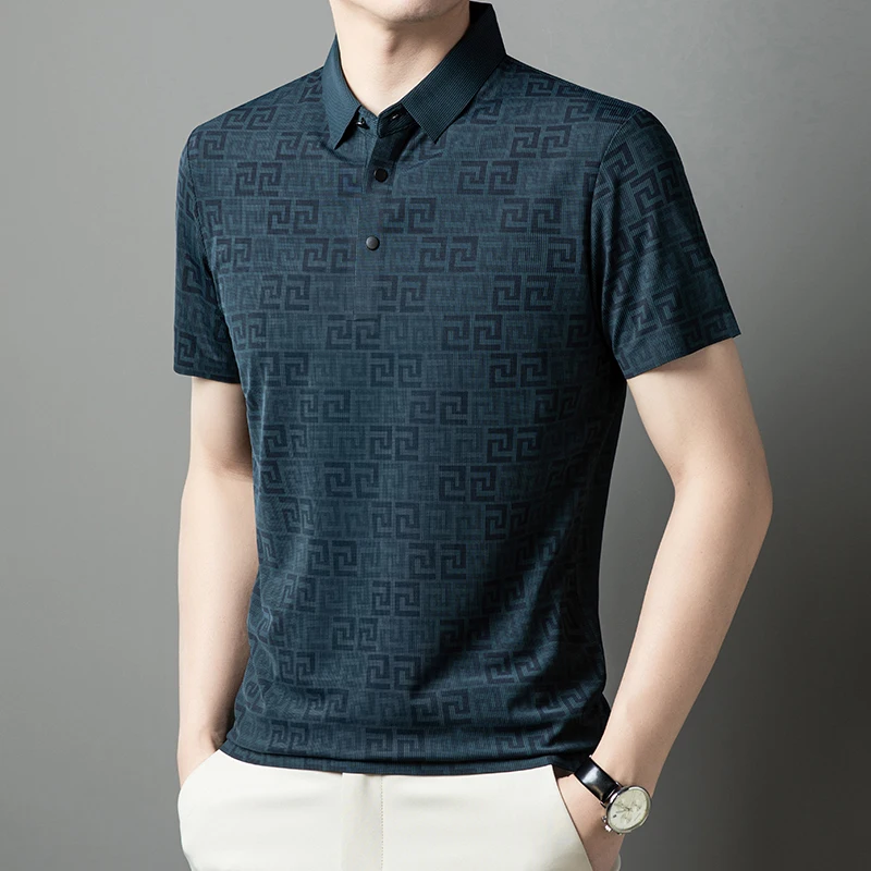 Summer Slim-Fit Men's Short-Sleeved Polo Shirt Classic Lapel Single-Breasted Placket Meander Pattern Casual Style Men's Clothing
