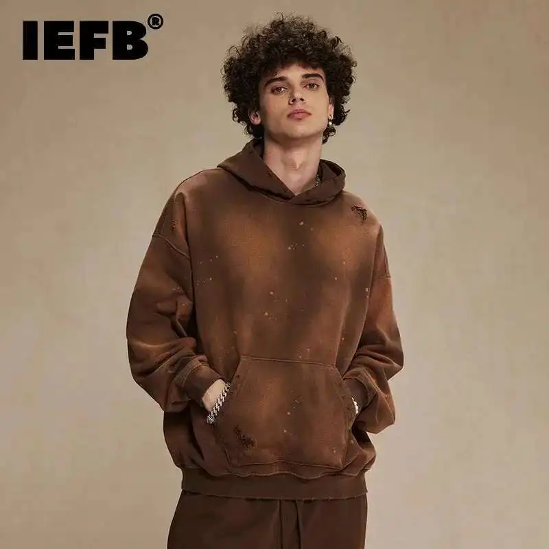 IEFB American Style Male Hoodies Make Old Spray Splash-ink Hole Design Men's Sweatshirt Winter Spring New Trendy Men Wear 9W123